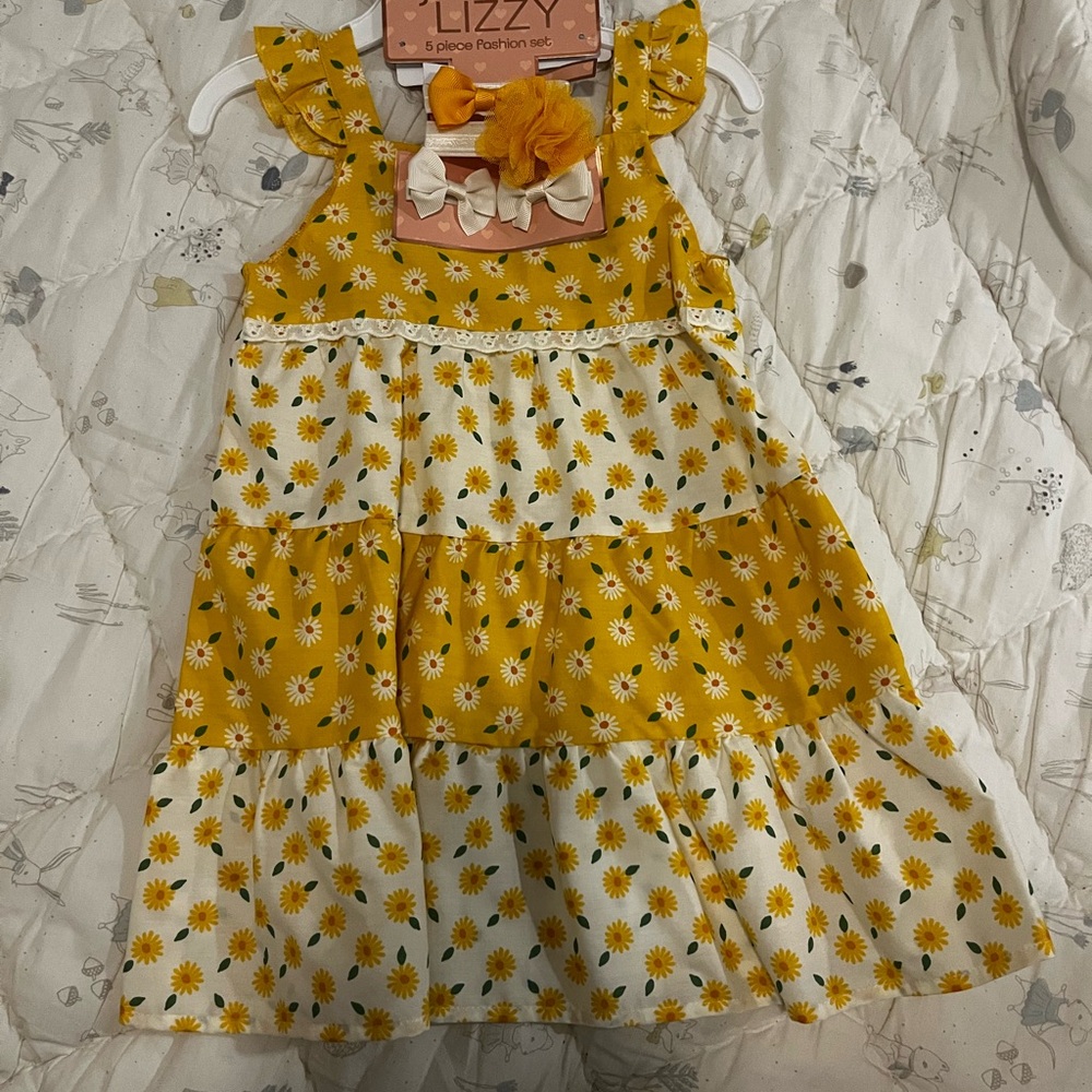 Yellow Floral Kids Sun Dress with matching bows and headband